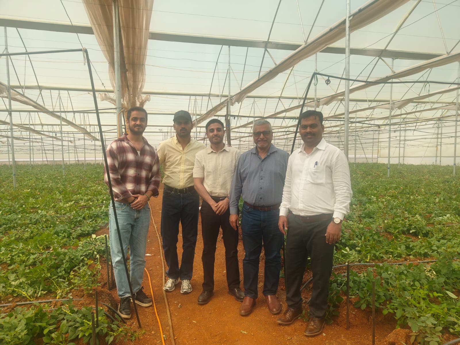 Kenpath and Department of Agriculture team members during the field visit in Nashik, standing between crop rows inside a polyhouse