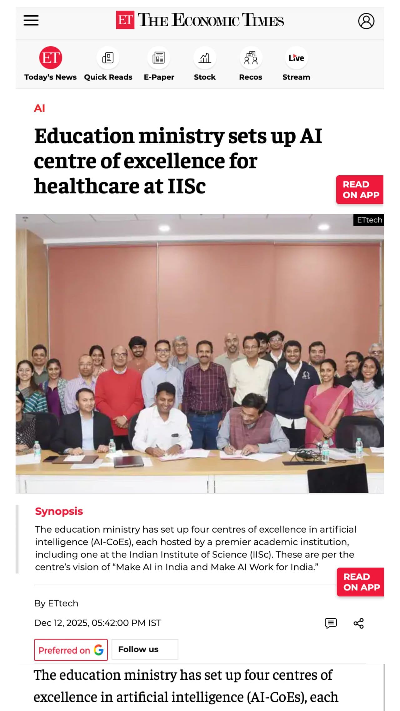 The Economic Times coverage of AI CoE at IISc