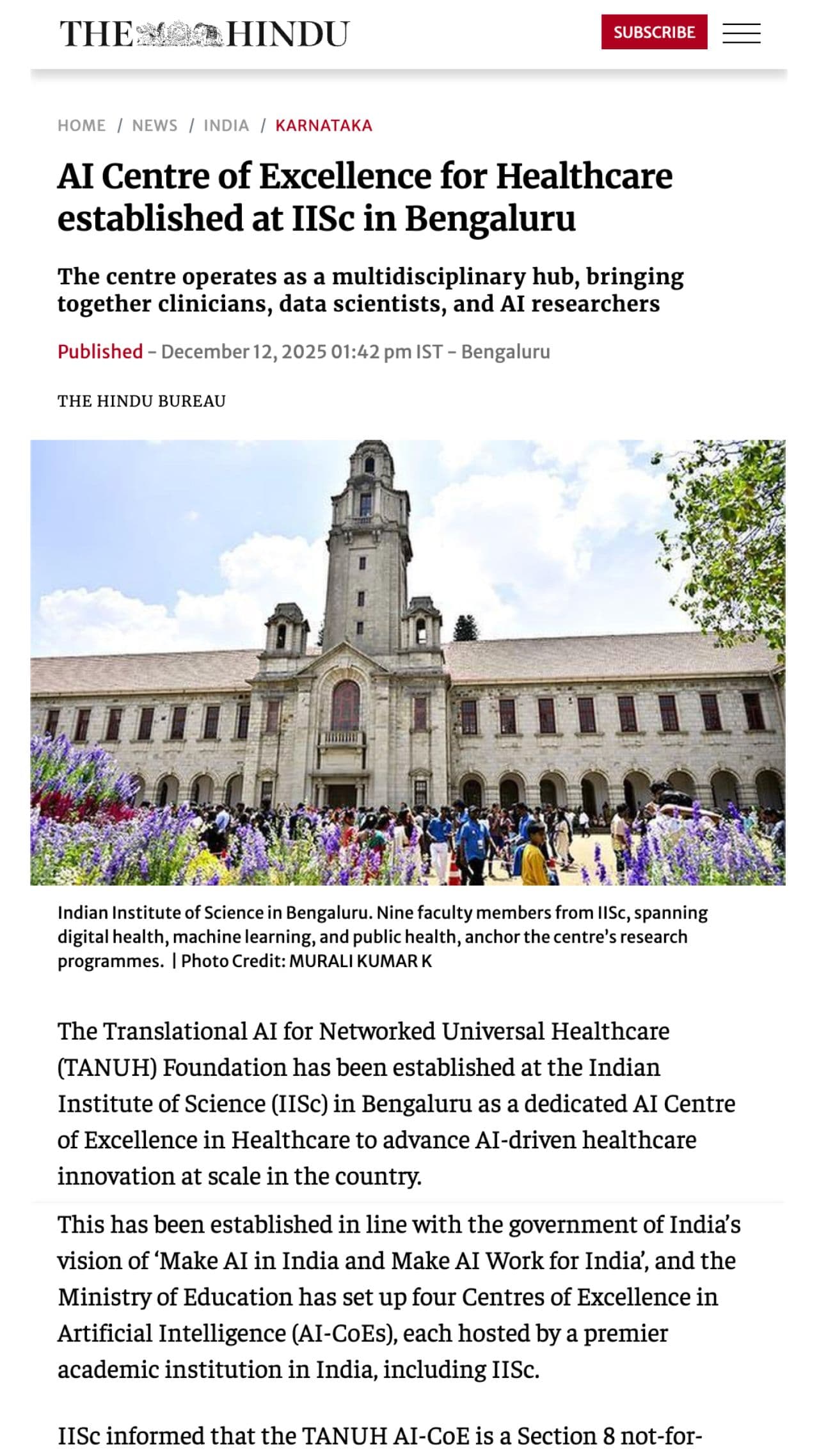 The Hindu coverage of TANUH establishment