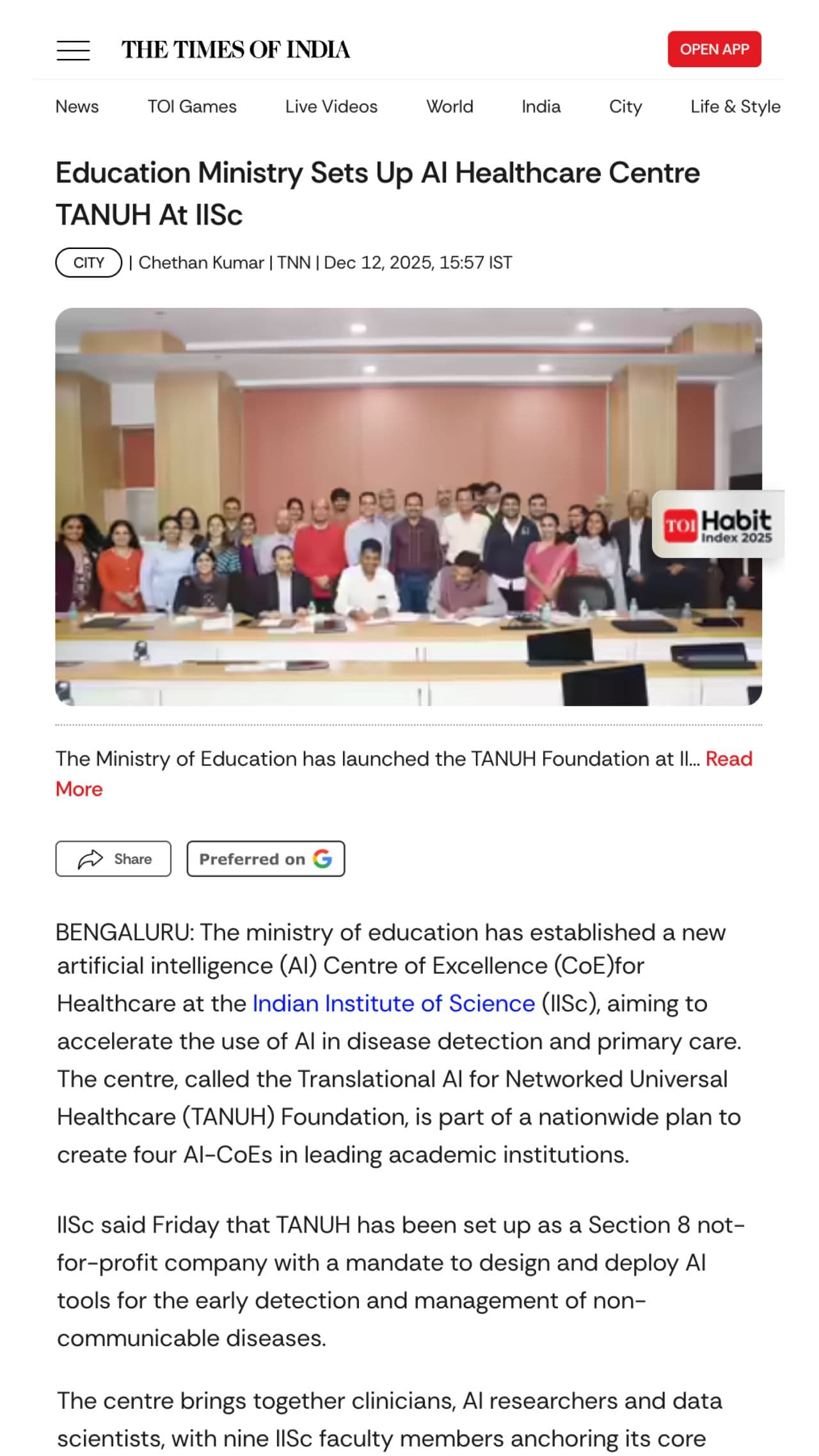 Times of India coverage of TANUH at IISc