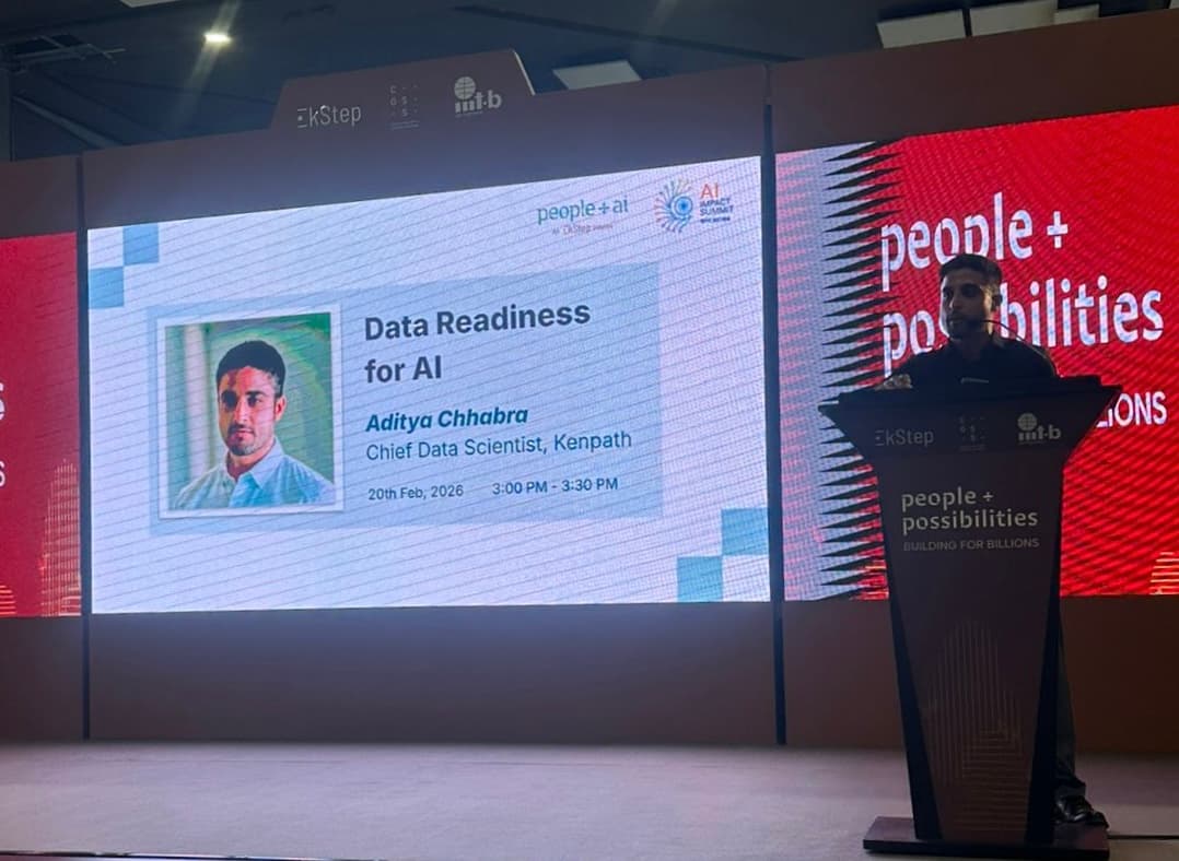 Aditya Chhabra speaking on Data Readiness for AI at the People+Possibilities stage, India AI Impact Summit 2026